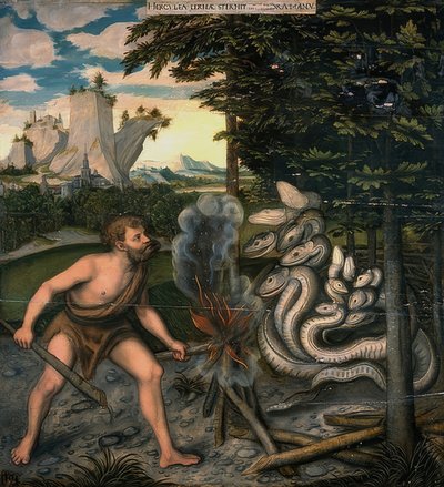 हरक्यूलिस और लर्न सांप। हरक्यूलिस के अधिनियमों की श्रृंखला से। 1537 के बाद द्वारा लुकास क्रैंक द एल्डर