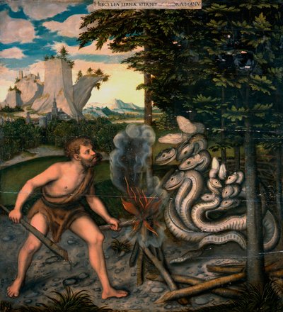 Travaux d'Hercule : Hercule et l'hydre de Lerne - हरक्यूलिस और लर्नियन हाइड्रा (हरक्यूलिस के मजदूरों से) - क्रैनाच, लुकास, द एल्डर (1472-1553) - 1537 के बाद - लकड़ी पर तेल - 108x100 - हर्ज़ोग एंटोन उलरिच संग्रहालय, ब्राउनश्वेइगो द्वारा लुकास द एल्डर क्रैनाच