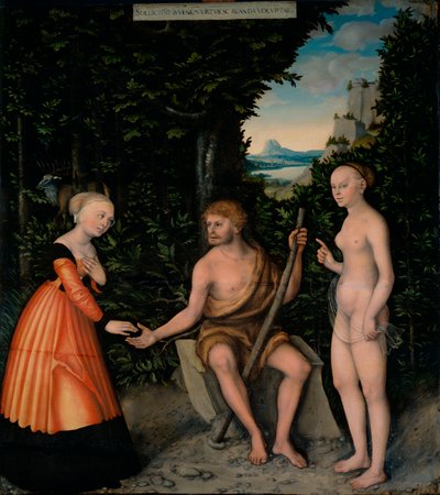 Travaux d'Hercule : le choix d'Hercule entre वाइस एट वर्टू - द चॉइस ऑफ़ हेराक्लीज़ (द लेबर ऑफ़ हरक्यूलिस से) - क्रैनाच, लुकास, द एल्डर (1472-1553) - 1537 के बाद - लकड़ी पर तेल - 110,1x98, 1 - हर्ज़ोग एंटोन उलरिच संग्रहालय, ब्राउनश्वेइगो द्वारा लुकास द एल्डर क्रैनाच