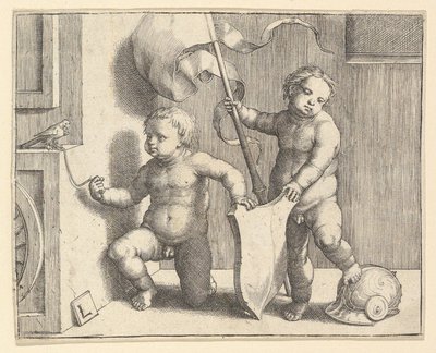 ब्लैंक शील्ड का समर्थन करने वाले दो नग्न बच्चे, ca. 1510। द्वारा लुकास वैन लेडेन