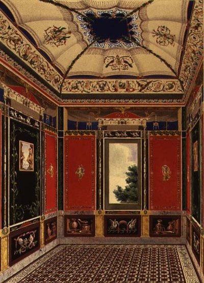 ऑगस्टीन एग्लियो (1777-1857) द्वारा 'द डेकोरेशन ऑफ द गार्डन पवेलियन इन द ग्राउंड्स ऑफ बकिंघम पैलेस' से चित्रित पोम्पियन कक्ष द्वारा लुडविग ग्रुनर