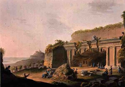 रॉबर्ट बॉयर (1758-1834) 1803 (रंगीन एक्वाटिंट) द्वारा प्रकाशित 'व्यूज़ इन द ओटोमन एम्पायर' से रोड्स पर लिंड के पास रॉक में एक ग्रोटो कट, 'व्यूज़ इन द ओटोमन एम्पायर' द्वारा लुइगी (बाद में) मेयर