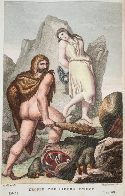 हरक्यूलिस Hesione या Ercole che Libera Enione, Book XI, Ovid के Metamorphoses, फ्लोरेंस, 1832 (हाथ से उकेरने वाले उत्कीर्णन) से चित्रण बचाता है द्वारा लुइगी एडेमोलो