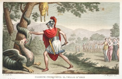 जेसन ड्रैगन को सोने के लिए रखता है या जियानोन कोन्किस्टा इल वेलो डी ओरो, बुक VII, ओविड की मेटामोर्फोसॉर्स, फ्लोरेंस, 1832 से चित्रण (हाथ से उकेरा हुआ चित्र) द्वारा लुइगी एडेमोलो