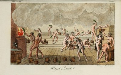 रूसी स्नान। जूलियो फेरारियो, 1831 द्वारा प्राचीन और आधुनिक पोशाक या सरकार के इतिहास से चित्रण द्वारा लुइगी गिअरे