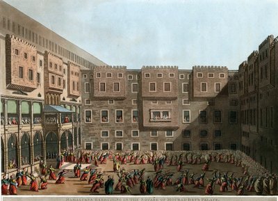 "" मुराद बे के महल के चौक में व्यायाम करते मामलुक) लुइगी मेयर (1755-1803) द्वारा लिथोग्राफ - 1802 आकार 22.9x31.6 सेमी निजी संग्रह द्वारा लुइगी मेयर