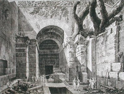 1824-26 (नक़्क़ाशी) में प्रकाशित 'द एंटिक्विटीज़ ऑफ़ द कंटूर्स ऑफ़ रोम' से रोमन कैस्टेल गंडोल्फ़ो, लेक अल्बानो में रहता है। द्वारा लुइगी रॉसिनी