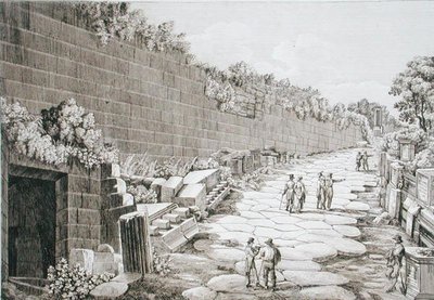 टस्कुलो के लिए रोमन सड़क, 1825 में 'ले एंटिचिटा देई कॉन्टोर्नी डि रोमा' से पहली खुदाई के बाद, 1824-26 में प्रकाशित हुई (नक़्क़ाशी) द्वारा लुइगी रॉसिनी