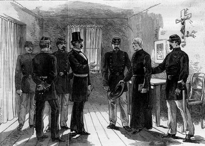 जूल्स फेरी द्वारा जारी मार्च 1880 के फरमानों के बाद पेरिस में रुए डे सेवरेस से जेसुइट्स का निर्वासन और अनधिकृत धार्मिक मण्डली के सदस्यों को पढ़ाने के अधिकार को हटा दिया गया: एक जेसुइट पिता अपने सेल में गिरफ्तार। 30 जून 1880. En द्वारा एम। (बाद) फर्डिनेंडस
