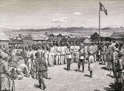 केवल्ली, 1890 में सर हेनरी मॉर्टन स्टेनली ने विद्रोही अधिकारियों को संबोधित करते हुए (लकड़ी की नक्काशी) द्वारा एम। शोनबर्ग