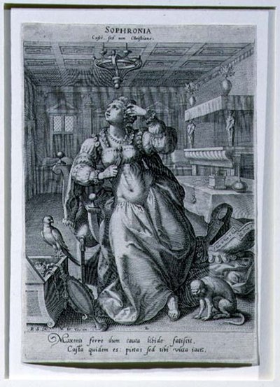 सोफ्रोनिया, राफेल सैडेलर I (1561-1632) c.1590 (उत्कीर्णन) द्वारा उकेरी गई 'तीन महिलाओं को शुद्धता के प्रतीक के रूप में' दर्शाती एक श्रृंखला से द्वारा Maarten de (बाद) Vos