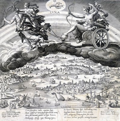 लूना: चंद्रमा (डायना) और वृश्चिक का रूपक जो इसके प्रभाव में है (राशि चक्र का चिन्ह) - माएर्टेन डी वोस (मार्टिन डी वोस, मार्टन डी वोस) (1532-1603), एनडी द्वारा उत्कीर्णन द्वारा Maarten de Vos