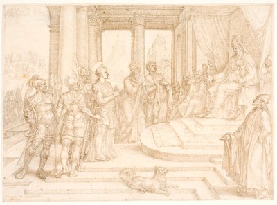 सेंट स्टीफन को महायाजक के सामने लाया गया द्वारा Maarten van Heemskerck