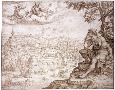 योना, लौकी के नीचे बैठा, नीनवे के शहर में सम्‍मिलित है, 1566 (कागज पर एक लेखनी के साथ उकसाने वाली पेन und ब्राउन स्याही) द्वारा मर्टेन वैन हेम्सकेर्क