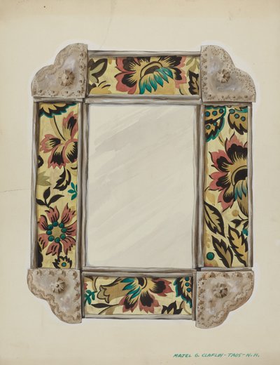 मिरर, वॉल पेपर पैनल्स के साथ फ़्रेमयुक्त, टिन में बॉर्डर, c. 1938. द्वारा माजेल जी. क्लाफलिन