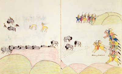 फोर्ट मैरियन, सेंट ऑगस्टीन, फ्लोरिडा, 1877 में बने रेखाचित्रों की एक पुस्तक से मूल अमेरिकी भैंस का शिकार द्वारा दवा बनाना