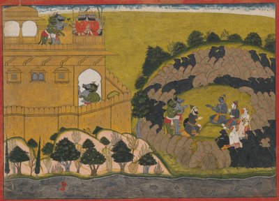 राम ने दानव जासूसों शुका और सरना का विमोचन किया: लॉर्ड ऑफ द सीरीज़ से फोलियो, ca.1725। द्वारा Manaku
