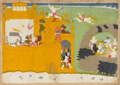 द मंकी लीडर अंगद रावण क्राउन को अपने किले से चोरी करता है ..., ca. 1725। द्वारा Manaku