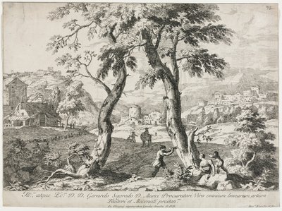फोरग्राउंड, 1723 में आंकड़े के साथ एक गांव का दृश्य। द्वारा मार्को रिक्की