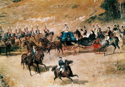 क्वीन मारिया क्रिस्टीना और उनकी बेटी, इसाबेल II, 1837 में मैड्रिड की रक्षा करने वाली आर्टिलरी बैटरियों की समीक्षा करते हुए, विस्तार से, c. 1866 (कैनवास पर तेल) द्वारा मारियानो जोस मारिया बर्नार्डो फ़ोर्टूनी वाई कार्बो