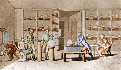 फ्रांसीसी रसायनज्ञ एंटोनी लॉरेंट डी लावोसियर (1743-1794) को आराम से मनुष्य की सांस लेने का अनुभव है। Mme Lavoisier.Paris 18वीं सदी की ड्राइंग से। लीमेज संग्रह द्वारा मेरी ऐनी पियरेते लावोइसियर