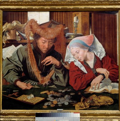 मनी चेंजर और उसकी पत्नी कुछ साहूकार पैसे गिनते और तौलते हैं। Marinus Claeszoon van Reymerswaele (1493-1567) 1538 मैड्रिड, प्राडो संग्रहालय द्वारा पेंटिंग द्वारा मारिनस वैन रिइमर्सवेल