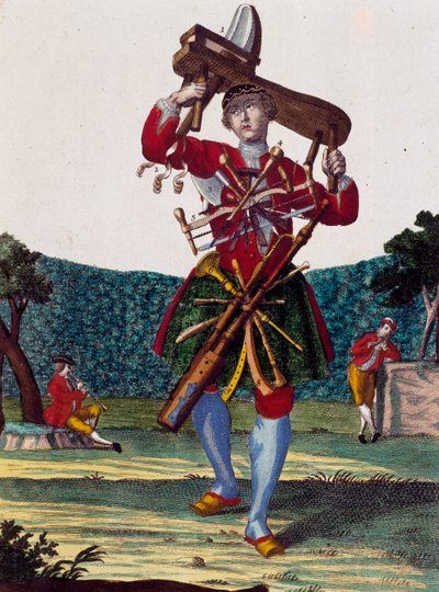 बांसुरी के निर्माता, मार्टिन एंगेलब्रेच (1684-1756), जर्मनी द्वारा असेम्बलेज डेस नोव्यू मैनौवरीज हैबिल्स से उत्कीर्णन द्वारा मार्टिन एंजेलब्रेट