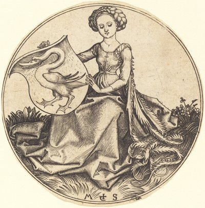 हंस के साथ ढाल, महिला द्वारा धारण की गई द्वारा Martin Schongauer
