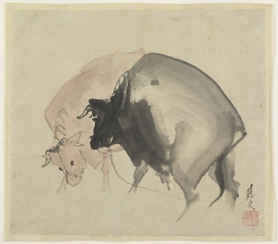 दो बैल, c.1810 (कागज पर स्याही और रंग) द्वारा मरुयामा ओजू