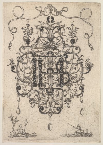 आईएचएस मोनोग्राम, 1609 के साथ एक लटकन के लिए डिजाइन। द्वारा मास्टर पीआरके