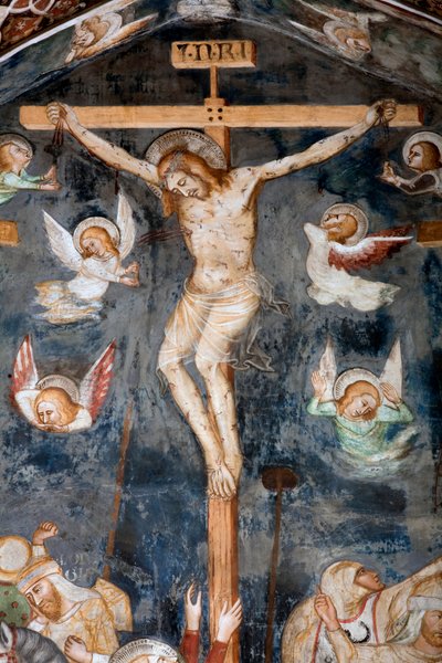 शिलालेख INRI के साथ क्राइस्ट का प्रतिनिधित्व करते हुए क्रूस का विस्तार द्वारा Sacro Speco स्कूल के मास्टर ट्रेसेन्स्को