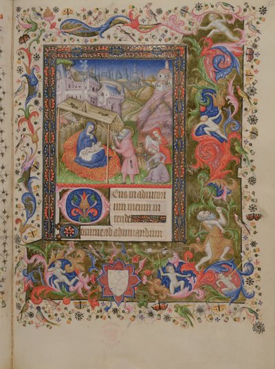 29433 f.56 नेटिविटी, बुक ऑफ ऑवर्स से, c.1407 (वेल्लम) (16338 और 16339 भी देखें) जोड़ें द्वारा ब्रुसेल्स इनिशियल्स के मास्टर