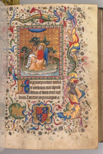 ऑवर्स ऑफ द चार्ल्स नोबल, किंग ऑफ नवरे 1361-1425: fol.1r, सेंट जॉन द इवागेलिस्ट, सी। 1405। द्वारा ब्रसेल्स के प्रारंभिक और एसोसिएट्स के मास्टर