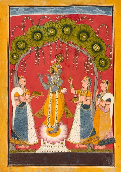Krishna fluting, folio from a Dasavatar series, ca. 1730.  द्वारा मनकोटी के दरबार के मास्टर