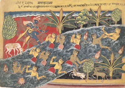 गोपियाँ कृष्ण से अपने वस्त्र वापस करने की विनती करती हैं..., ca. 1560-65. द्वारा Isarda के मास्टर