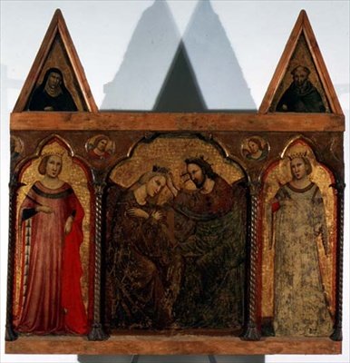 Triptych: वर्जिन का राज्याभिषेक दो संतों द्वारा किया गया (पैनल पर तापमान) द्वारा उरबिनो कोरोनेशन के मास्टर