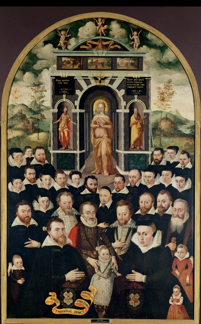 वर्जिन, हेनरी चतुर्थ (1553-1610) और कोर्टीर्स, डोनर्स, उनकी पत्नी और उनके परिवार के सदस्यों को दर्शाती शैतानी पैनल द्वारा मथिउ प्रीयर