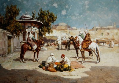 मार्केट स्क्वायर में अरब योद्धा, c.1910 (पैनल पर तेल) द्वारा माटेओ डा एंजेलो रोसोटी