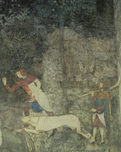 कुत्तों के साथ शिकार करने वाले लोग, ला चम्बरे डु सेर्फ स्टैग रूम 1347 फ्रेस्को से सजावटी योजना का विस्तार द्वारा माटेओ गियोवनेटी