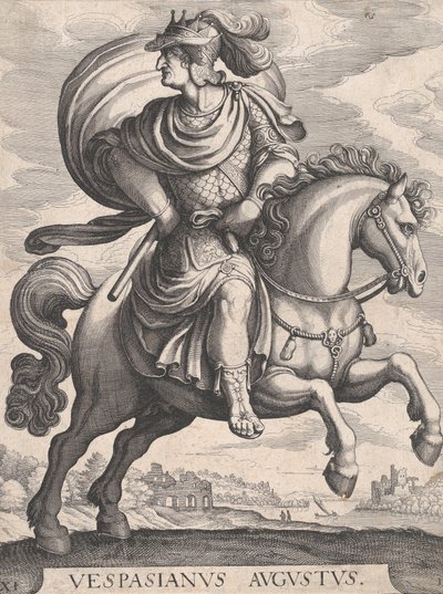 हॉर्सबैक पर सम्राट वेस्पासियन, श्रृंखला द फर्स्ट ट्वेल्व रोमन कैसर से, प्लेट 1..., 1610-50। द्वारा मैथौस मेरियन