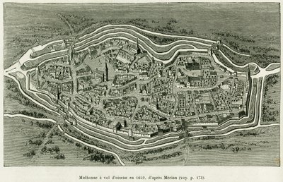 मुलहाउस 1642 में उड़ता है। एडोर्ड चार्टन (1807-1890) द्वारा निर्देशित टूर डु मोंडे 1886 में, 1885 में चार्ल्स ग्रैड, जर्मन प्रतिनियुक्त द्वारा कहानी ए थ्रू अलसैस और लोरेन की कहानी को चित्रित करने के लिए मैथॉस मेरियन (1593-1650) द्वारा उत्कीर्णन। , हैचेट, प द्वारा मथौस द एल्डर (बाद) मेरियन