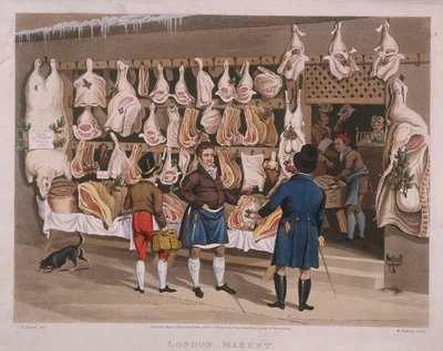 लंदन मार्केट', कसाई की दुकान, 1822 द्वारा मैथ्यू डबबर्ग