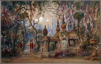 एम। ग्लिंका पार शिशकोव, मतवेई आंद्रेयेविच (1832-1897) द्वारा ओपेरा रुस्लान और ल्यूडमिला के लिए स्टेज डिजाइन। कागज पर कलम, ब्रश, जल रंग, स्याही और सफेद रंग color द्वारा माटवे आंद्रेयेविच शीशकोव