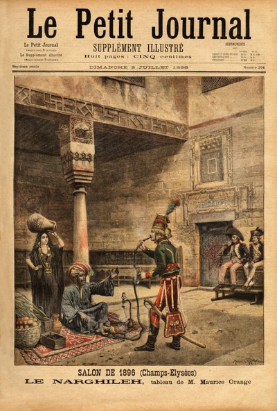 मिस्र में फ्रांसीसी अभियान के दौरान, एक सैनिक 1896 के सैलून में प्रस्तुत मौरिस ऑरेंज की एक पेंटिंग के आधार पर एक स्वदेशी व्यक्ति से उसके पानी के पाइप, नरघिलेह (या नरघिलेह) के बारे में पूछताछ करता है। "" ले पेटिट जर्नल "" 5/07/1896 में उ द्वारा मौरिस हेनरी (बाद) ऑरेंज