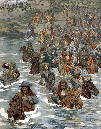 लुई XIV के सैनिकों द्वारा द पैसेज ऑफ द राइन (12 जून 1672) को सन किंग (किंग सन या लुई द ग्रेट) के रूप में जाना जाता है द्वारा मौरिस लेलोइर