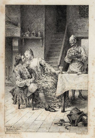 ल'एबे प्रीवोस्ट (1697-1763), फ्रांसीसी लेखक द्वारा "हिस्ट्री ऑफ़ मैनन लेस्कॉट एंड द शेवेलियर डेस ग्रिएक्स" में। मौरिस लेलोइर (1885) द्वारा चित्र के बाद उत्कीर्णन। द्वारा मौरिस लेलोइर