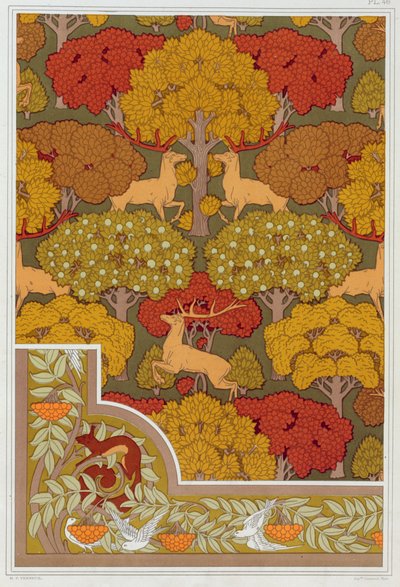 पेड़ों, पब में वॉलपेपर और वॉलपेपर सीमा हिरण के लिए डिजाइन। 1897. द्वारा मौरिस पिलार्ड वर्नेउइल