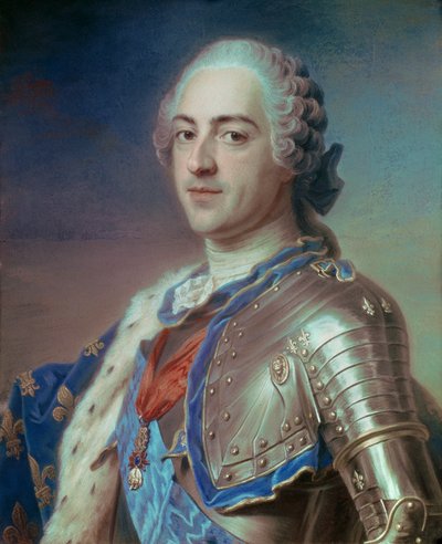 लुई XV का पोर्ट्रेट (1710 - 1774) कवच में, ऑर्डर ऑफ द होली स्पिरिट और गोल्डन फ्लेस के डोरियों के साथ। मौरिस क्वेंटिन डेलाटोर द्वारा पेस्टल को क्वेंटिन डी ला टूर या क्वेंटिन डी लाटौर (1704-1788) के रूप में जाना जाता है। द्वारा मौरिस क्वेंटिन डी ला टूर