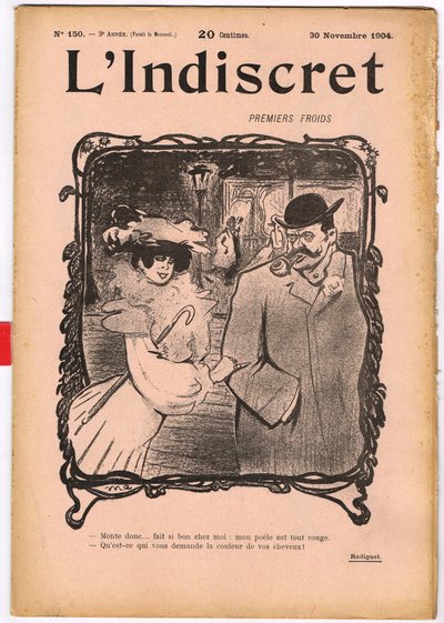 "L'Indiscret" का कवर, B & W . में व्यंग्य द्वारा मौरिस रेडिगेट