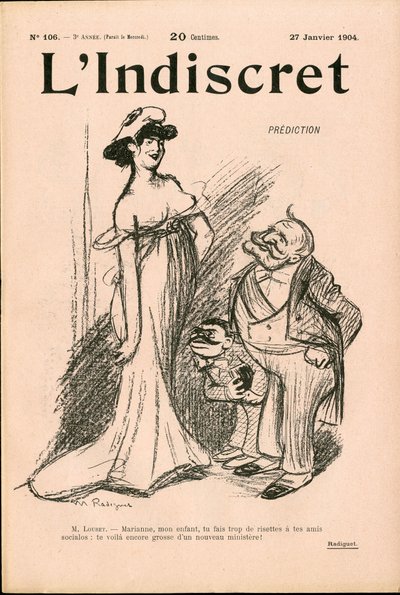 "" L'Indiscret" का कवर, संख्या 106, B & W . में व्यंग्य द्वारा मौरिस रेडिगेट